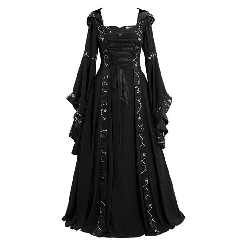 European Retro Medieval Square Neck Hooded Bell Sleeve Full Skirt Cosplay Costumes