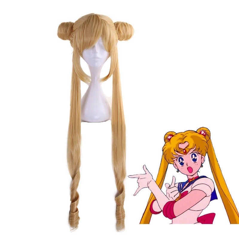 Anime Sailor Moon Tsukino Usagi Long Straight Double Braids Blonde Cosplay Wigs