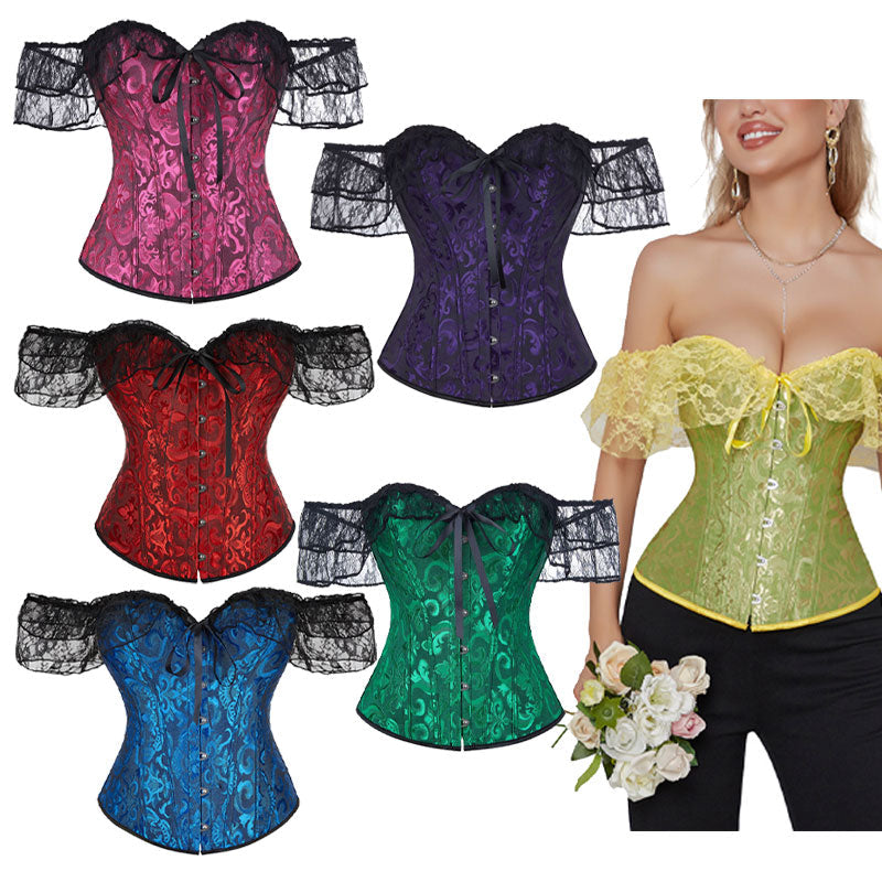 Lace Short Sleeves Corset Women Steampunk Gothic Off Shoulder Bustier Jacquard Overbust Corset