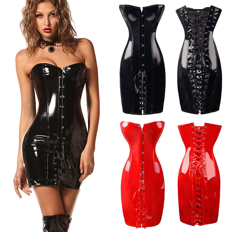 Women's Sexy Faux Leather Tube Dress Lace Up Strapless Bodycon Party Club Mini Dress