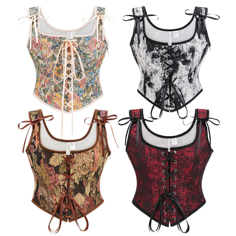 Womens Vintage Floral Print Underbust Corset Tops Vintage Boned Corset Belt Corset Vest