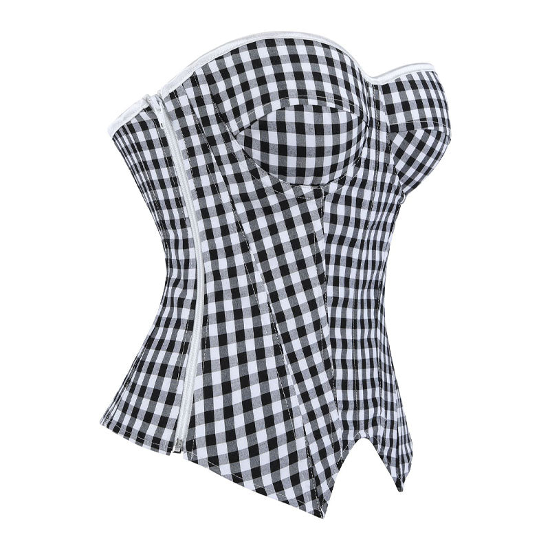 Black White Plaid Strapless Women's Bustier Corset Boned Palace Style Waist-Cinching Shapewear