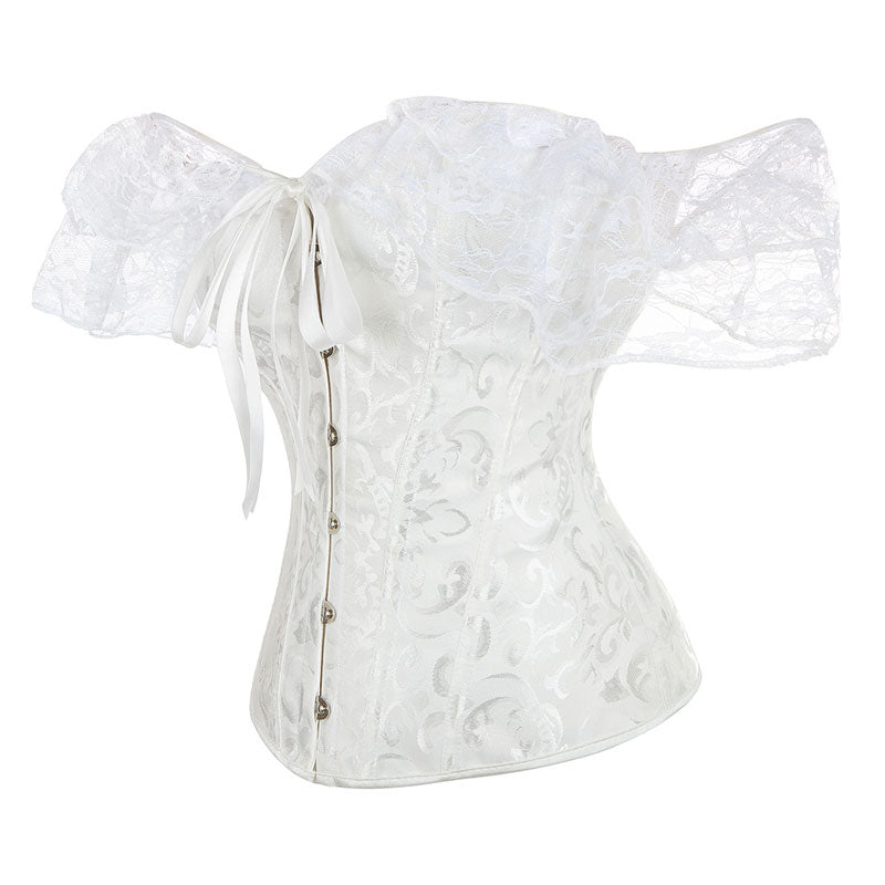 Lace Short Sleeves Corset Women Steampunk Gothic Off Shoulder Bustier Jacquard Overbust Corset