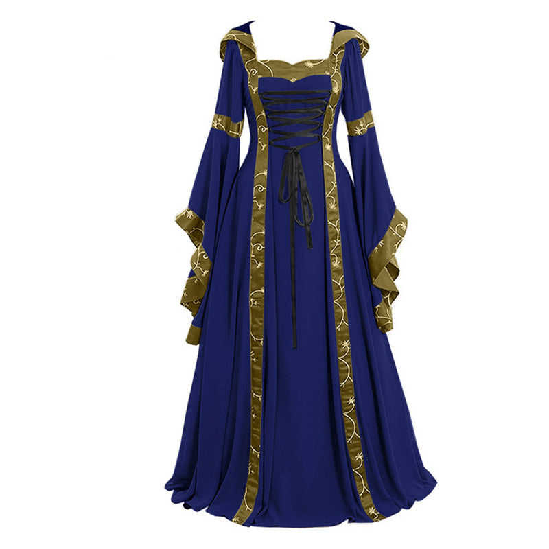 European Retro Medieval Square Neck Hooded Bell Sleeve Full Skirt Cosplay Costumes
