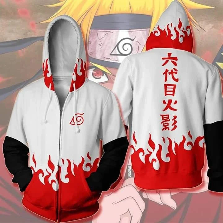 Anime Naruto 6th Hokage Kakashi Cosplay Zip-Up Hoodie – White Flame Streetwear Jacket for Men, Women & Kids