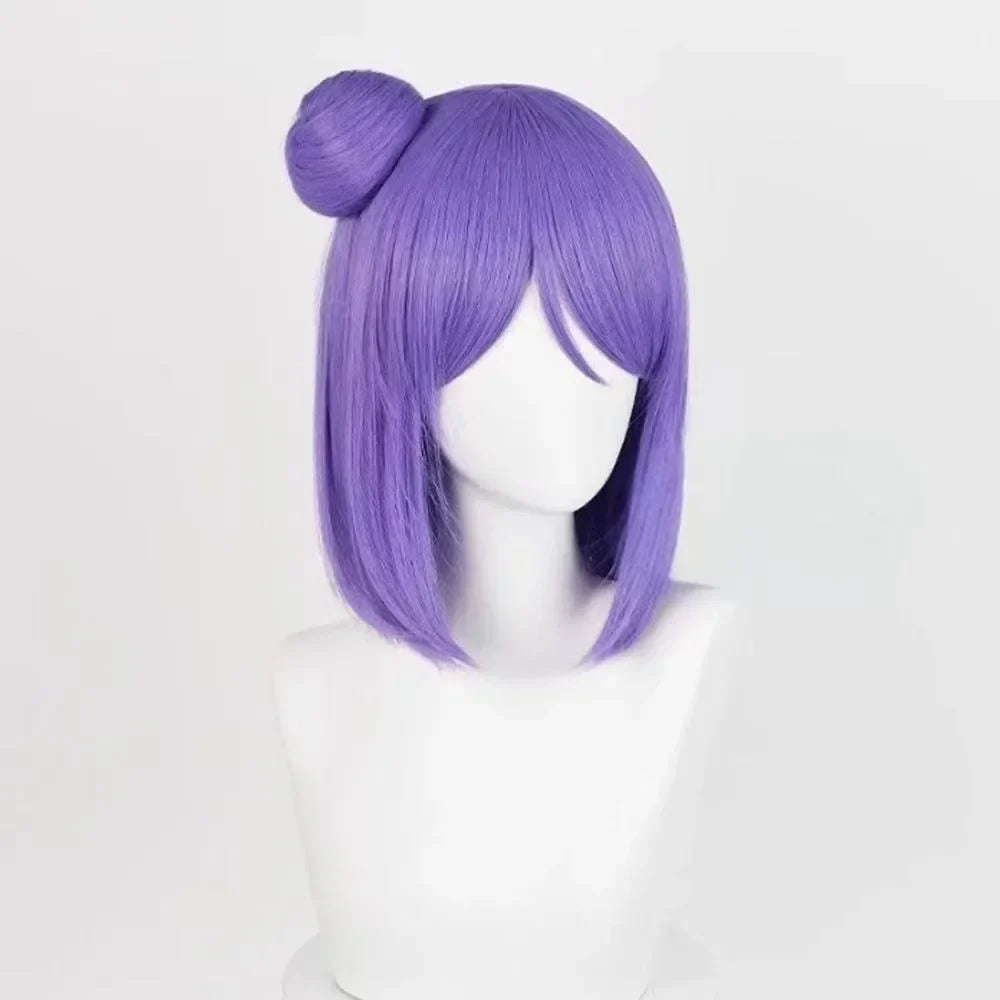 Anime Naruto Konan Cosplay Wig – Short Purple Bob with Side Bun & Flower Hairpiece