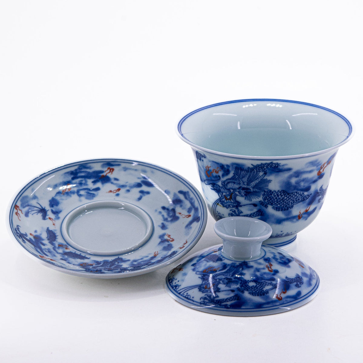 Blue and White Underglaze Red Porcelain Dragon Design Gaiwan #4a