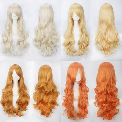 Women Wavy Sweet 80cm Long Yellow Blonde Orange Lolita Fashion Wigs with Bangs