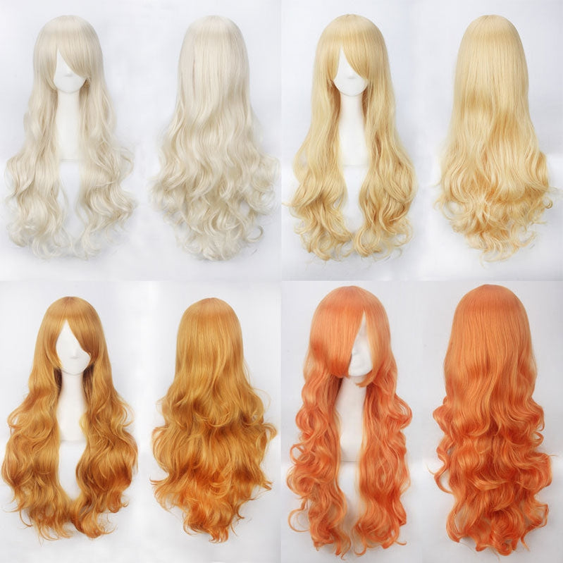 Women Wavy Sweet 80cm Long Yellow Blonde Orange Lolita Fashion Wigs with Bangs