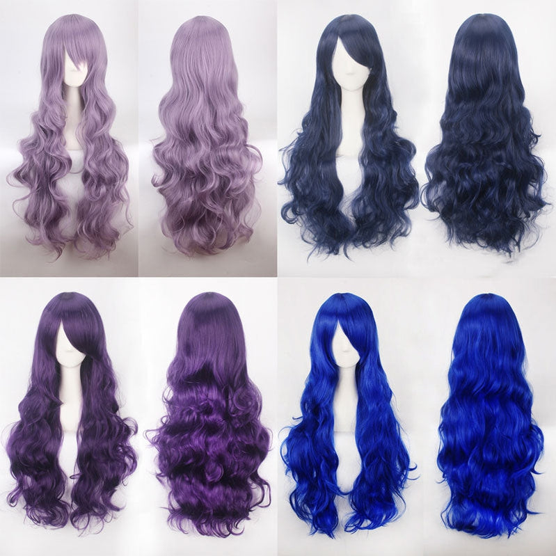 Women Wavy Sweet 80cm Long Purple and Blue Lolita Fashion Wigs with Bangs