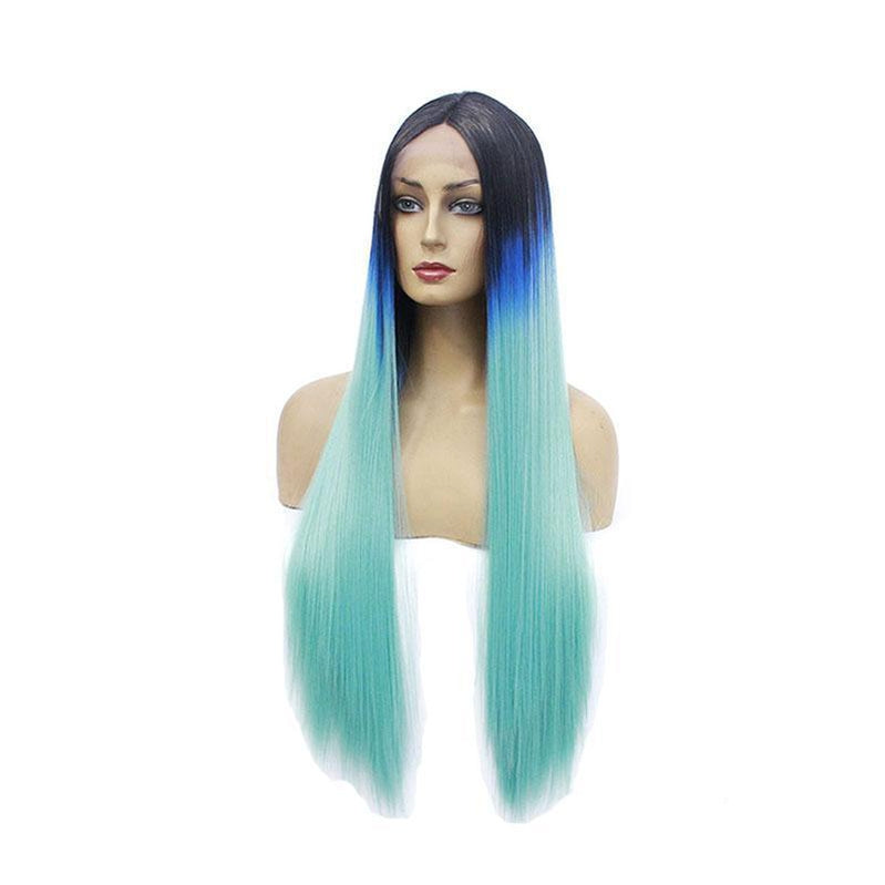 Lace Front Wigs 60cm Long straight Dark Blue Fade Light Blue Cosplay Wigs