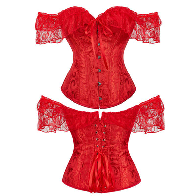 Lace Short Sleeves Corset Women Steampunk Gothic Off Shoulder Bustier Jacquard Overbust Corset