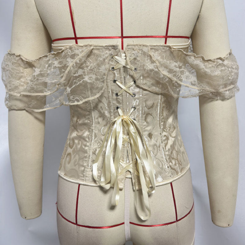 Lace Short Sleeves Corset Women Steampunk Gothic Off Shoulder Bustier Jacquard Overbust Corset