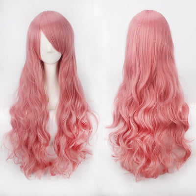 Women Wavy Sweet 80cm Long Pink Red Orange Red Lolita Fashion Wigs with Bangs
