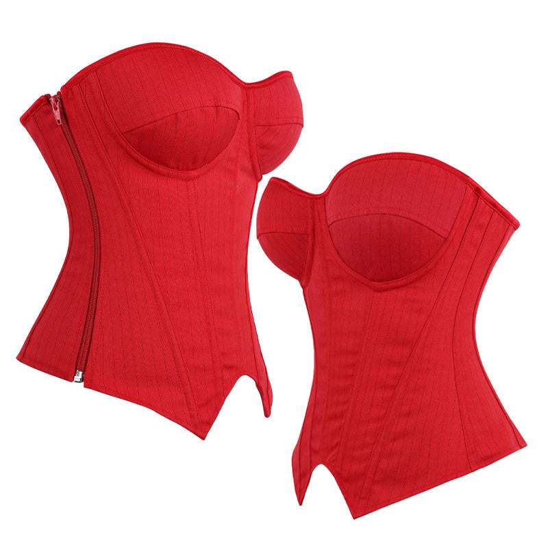 Underwire Bra Cups With Side Zippers Herringbone Striped Suit Fabric Corset Cosplay Costumes