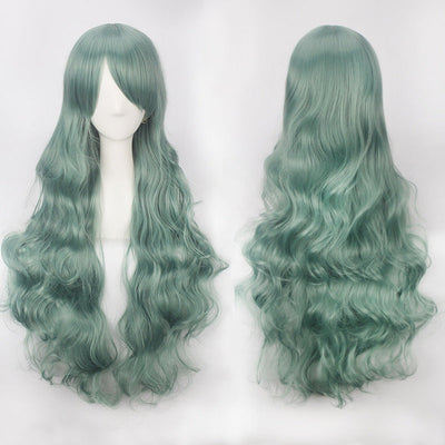Women Wavy Sweet 80cm Long Green Lolita Fashion Wigs with Bangs