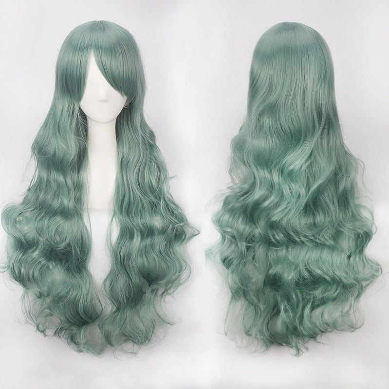 Women Wavy Sweet 80cm Long Green Lolita Fashion Wigs with Bangs