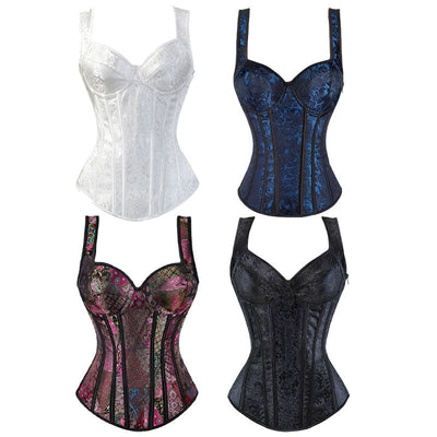 Women's Jacquard Shoulder Straps Corset Tops Lace Up Overbust Bustier Renaissance Court Push Up Crop Tops Waist Cincher