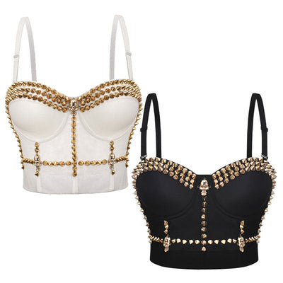 Women's Metallic Spike Punk Goth Bra Clubwear Corset Studded bustier silver one piece strapless