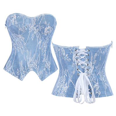 Women Sexy Blue Retro Denim Overbust Corset Gothic Strapless Retro Corsets Waist Cincher Bustier Sexy Lingerie Top