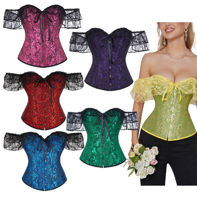 Lace Short Sleeves Corset Women Steampunk Gothic Off Shoulder Bustier Jacquard Overbust Corset