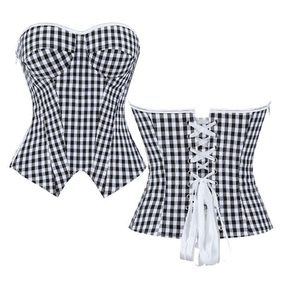 Black White Plaid Strapless Women's Bustier Corset Boned Palace Style Waist-Cinching Shapewear