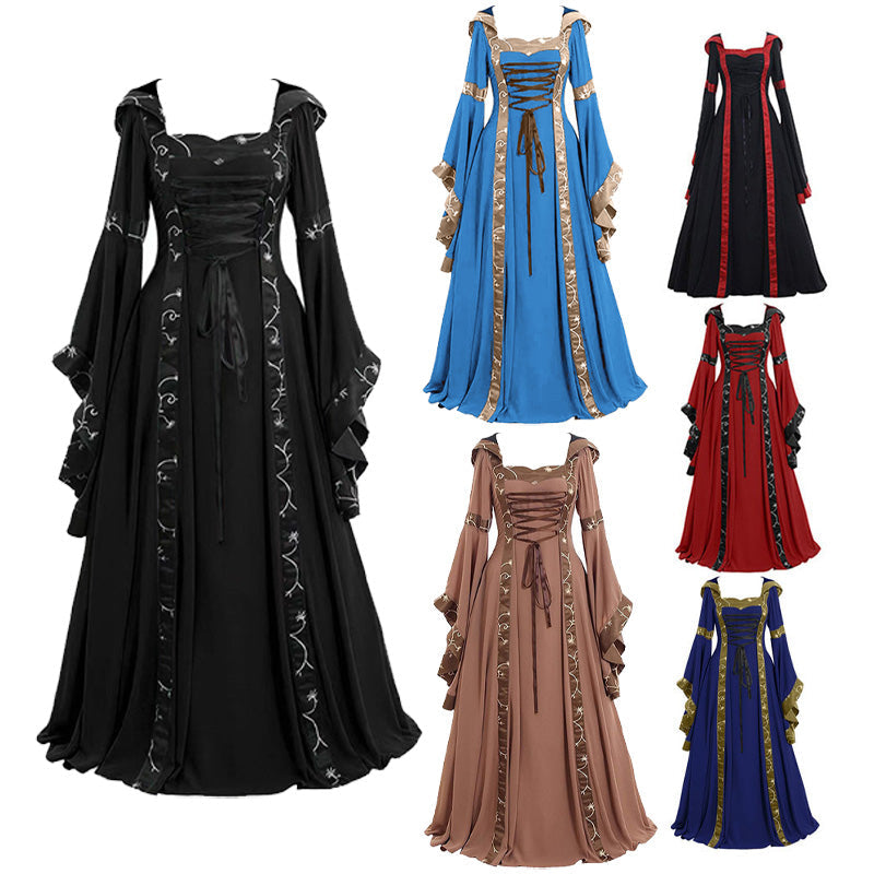 European Retro Medieval Square Neck Hooded Bell Sleeve Full Skirt Cosplay Costumes
