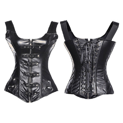 Fashion Leather Corset Top Women Zip Buckles Boned Overbust Bustier Vest Sexy Punk Motorcycle Party Clubwe