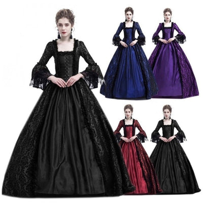 European Retro Court Style Medieval Lace Patchwork Flared Sleeve Dress Cosplay Costumes