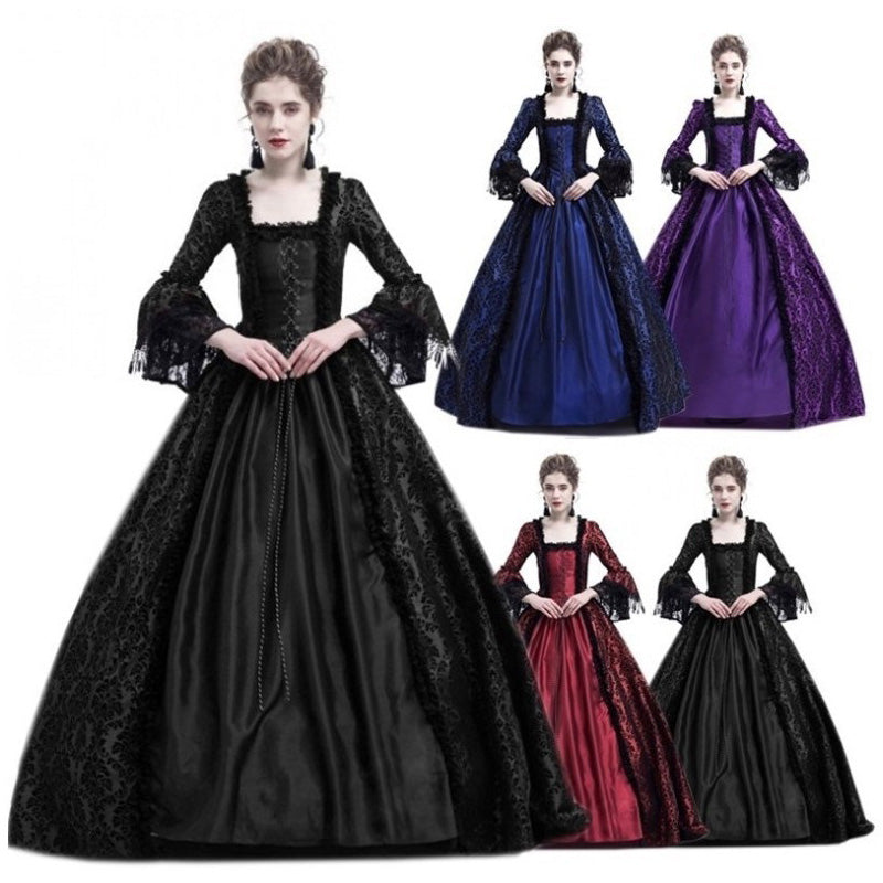European Retro Court Style Medieval Lace Patchwork Flared Sleeve Dress Cosplay Costumes