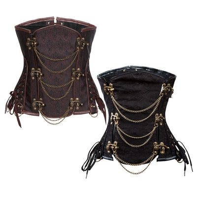 Women's Gothic Punk Satin Boned Overbust Corset Top with Buckles Front Zipper Lace Up Back