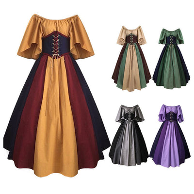 European Medieval Retro Contrast Color Waist Long Swing Dress Cosplay Costumes
