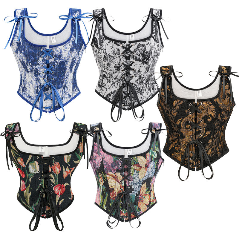 Womens Vintage Floral Print Underbust Corset Tops Vintage Boned Corset Belt Corset Vest