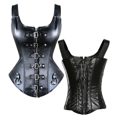 Women's Steampunk Faux Leather Bustier Halter Shoulder Straps Underbust Corset Top