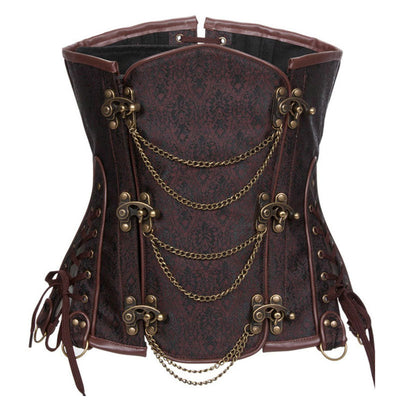 Women's Gothic Punk Satin Boned Overbust Corset Top with Buckles Front Zipper Lace Up Back