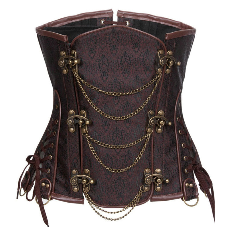 Women's Gothic Punk Satin Boned Overbust Corset Top with Buckles Front Zipper Lace Up Back