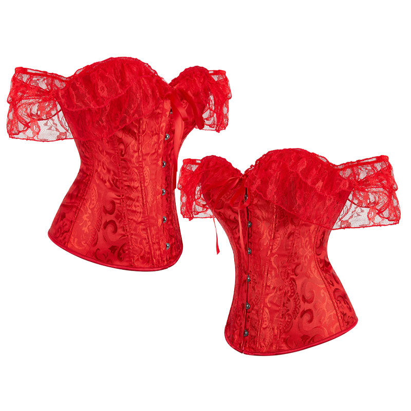 Lace Short Sleeves Corset Women Steampunk Gothic Off Shoulder Bustier Jacquard Overbust Corset