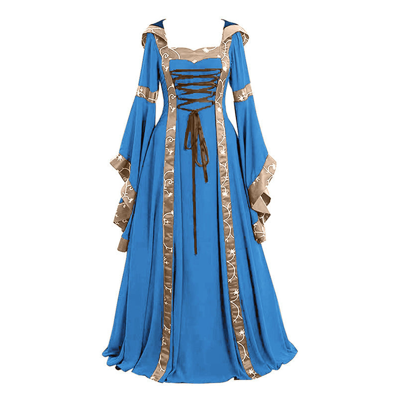 European Retro Medieval Square Neck Hooded Bell Sleeve Full Skirt Cosplay Costumes