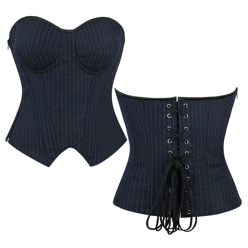 Underwire Bra Cups With Side Zippers Herringbone Striped Suit Fabric Corset Cosplay Costumes