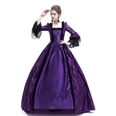 European Retro Court Style Medieval Lace Patchwork Flared Sleeve Dress Cosplay Costumes