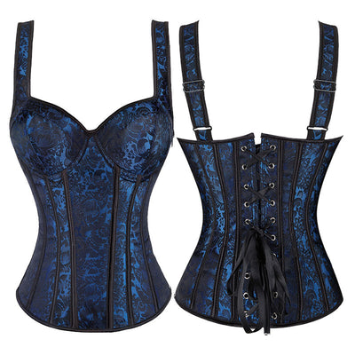 Women's Jacquard Shoulder Straps Corset Tops Lace Up Overbust Bustier Renaissance Court Push Up Crop Tops Waist Cincher