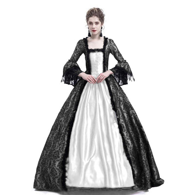 European Retro Court Style Medieval Lace Patchwork Flared Sleeve Dress Cosplay Costumes