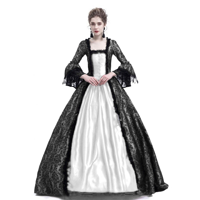 European Retro Court Style Medieval Lace Patchwork Flared Sleeve Dress Cosplay Costumes