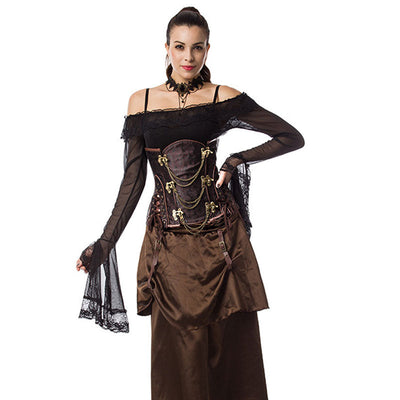 Women's Gothic Punk Satin Boned Overbust Corset Top with Buckles Front Zipper Lace Up Back