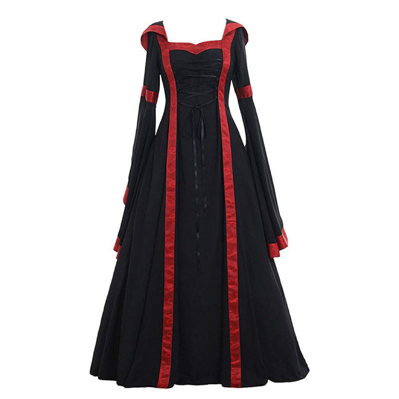 European Retro Medieval Square Neck Hooded Bell Sleeve Full Skirt Cosplay Costumes