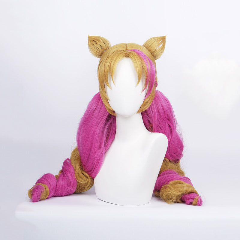 Game LOL Cafe Cutie Gwen Red & Blonde Twist Braid Cosplay Wigs With Ears