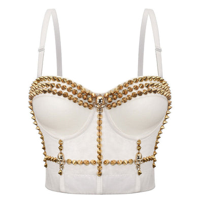 Women's Metallic Spike Punk Goth Bra Clubwear Corset Studded bustier silver one piece strapless