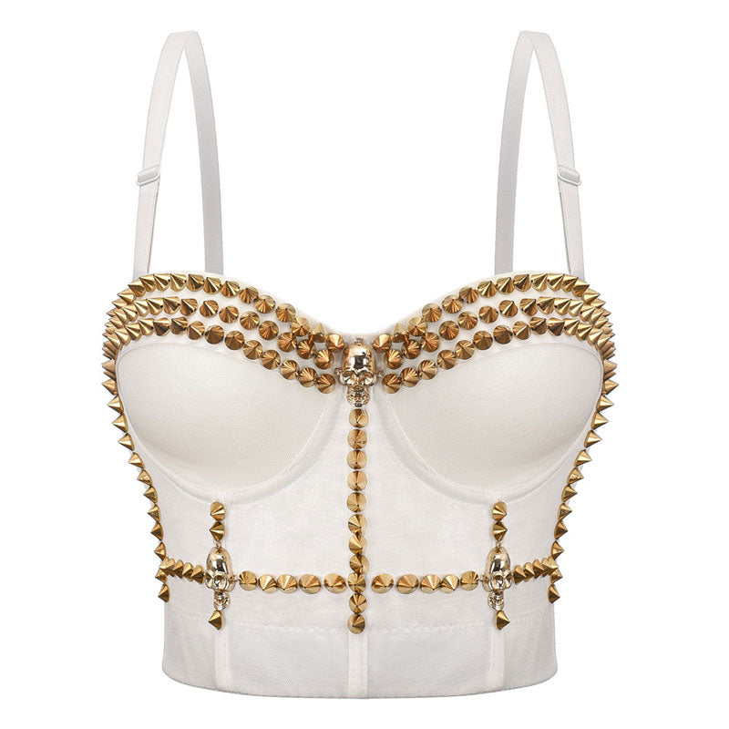 Women's Metallic Spike Punk Goth Bra Clubwear Corset Studded bustier silver one piece strapless