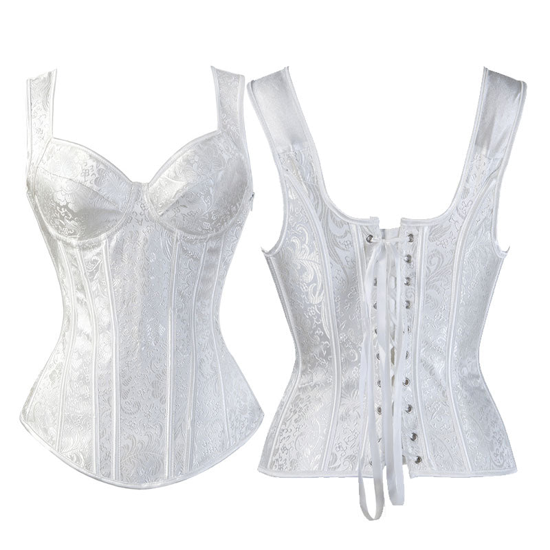Women's Jacquard Shoulder Straps Corset Tops Lace Up Overbust Bustier Renaissance Court Push Up Crop Tops Waist Cincher