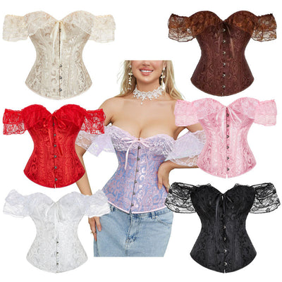 Lace Short Sleeves Corset Women Steampunk Gothic Off Shoulder Bustier Jacquard Overbust Corset